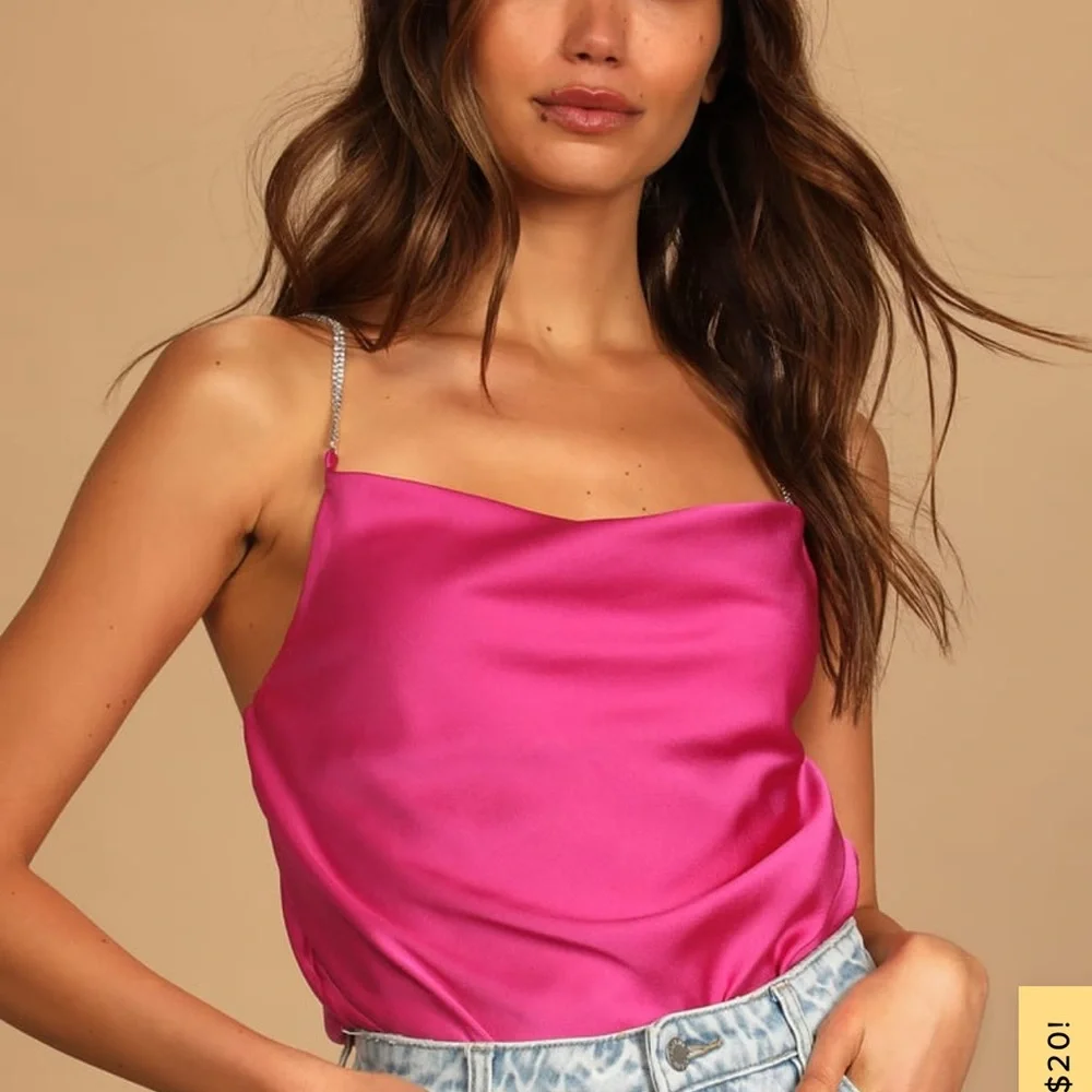 NWT Lulu’s Glamorous Forever Pink Rhinestone Strap Cowl Neck Bodysuit